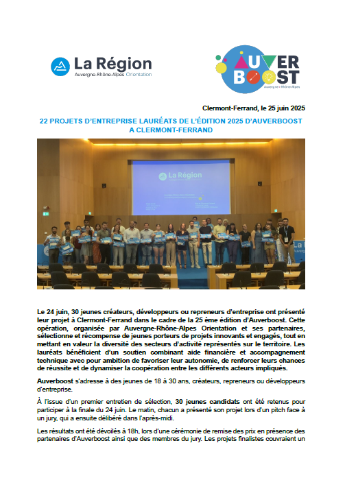 Vignette Communiqué de presse lauréats Auverboost Clermont-Ferrand juin 2025